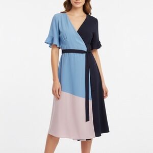 Colorblock Wrap Midi Dress in Blue, Navy & Blush